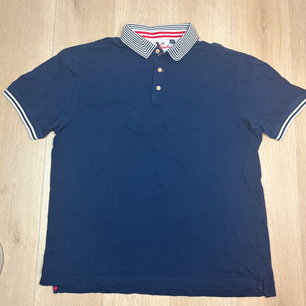 Robert Graham Mens Navy Blue Striped Collar Polo Shirt 1XT Tall Knowledge Wisdom